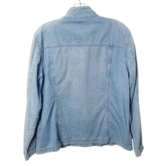 Chico’s Blue Denim Embroidered Button Up Mock Neck Long Sleeve Shirt Women’s 2/L - Picture 2 of 9